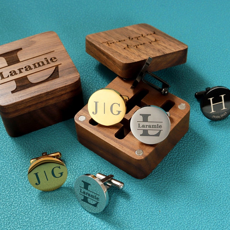 Custom Groomsmen Cufflinks Gift with Engraved Wooden Box, Personalized Wedding Day Cufflinks for Groomsmen, Best Man & Groom, Elegant Gift for Husband