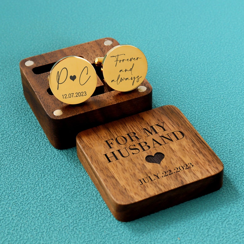 Custom Groomsmen Cufflinks Gift with Engraved Wooden Box, Personalized Wedding Day Cufflinks for Groomsmen, Best Man & Groom, Elegant Gift for Husband