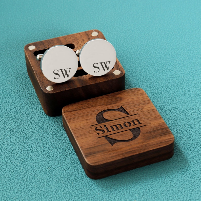 Custom Groomsmen Cufflinks Gift with Engraved Wooden Box, Personalized Wedding Day Cufflinks for Groomsmen, Best Man & Groom, Elegant Gift for Husband