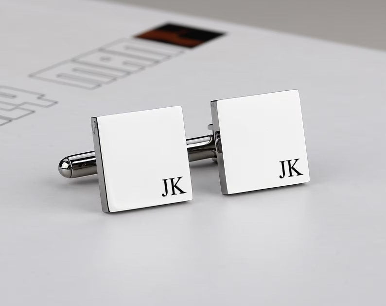 Personalised Square Engraved Cufflinks with Wooden Gift Box – Custom Wedding & Formal Gift