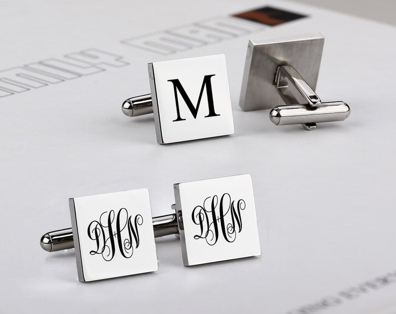 Personalised Square Engraved Cufflinks with Wooden Gift Box – Custom Wedding & Formal Gift