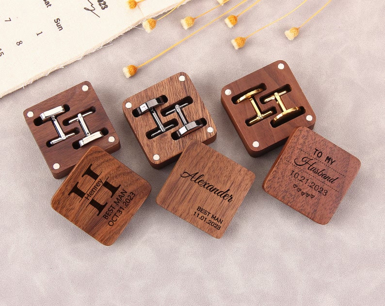 Personalised Square Engraved Cufflinks with Wooden Gift Box – Custom Wedding & Formal Gift
