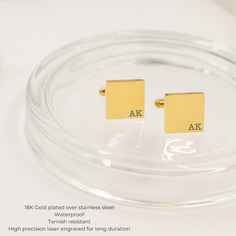 Custom Initial Cufflinks for groom, father of the bride, best man, customized wedding cufflinks, gold square cufflinks, Groomsman Cufflinks