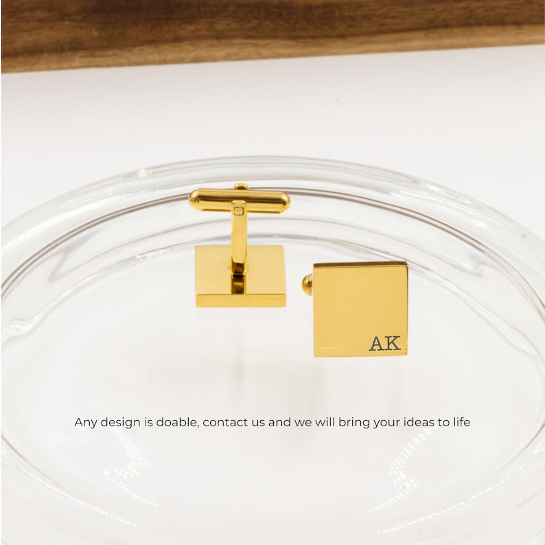 Custom Initial Cufflinks for groom, father of the bride, best man, customized wedding cufflinks, gold square cufflinks, Groomsman Cufflinks